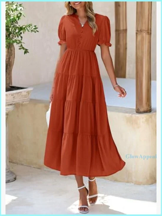 Summer Casual V-Neck Midi Dress A-Line Tiered Wedding Guest - Picture 5 of 7
